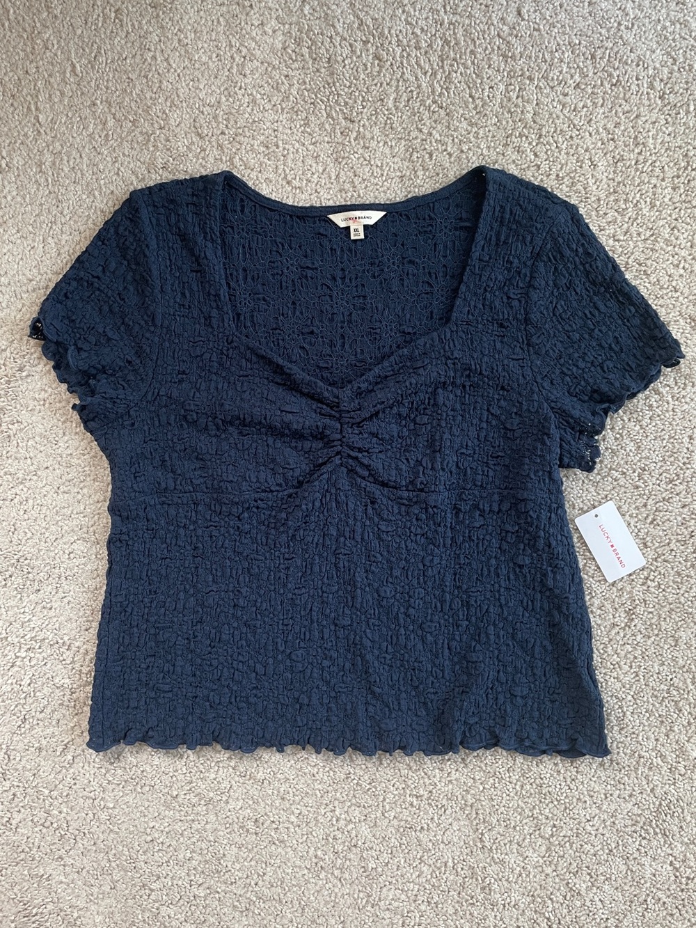 Lucky Brand Navy Blue Texture Lace Sweetheart Neckline Short Sleeve Top Size XXL